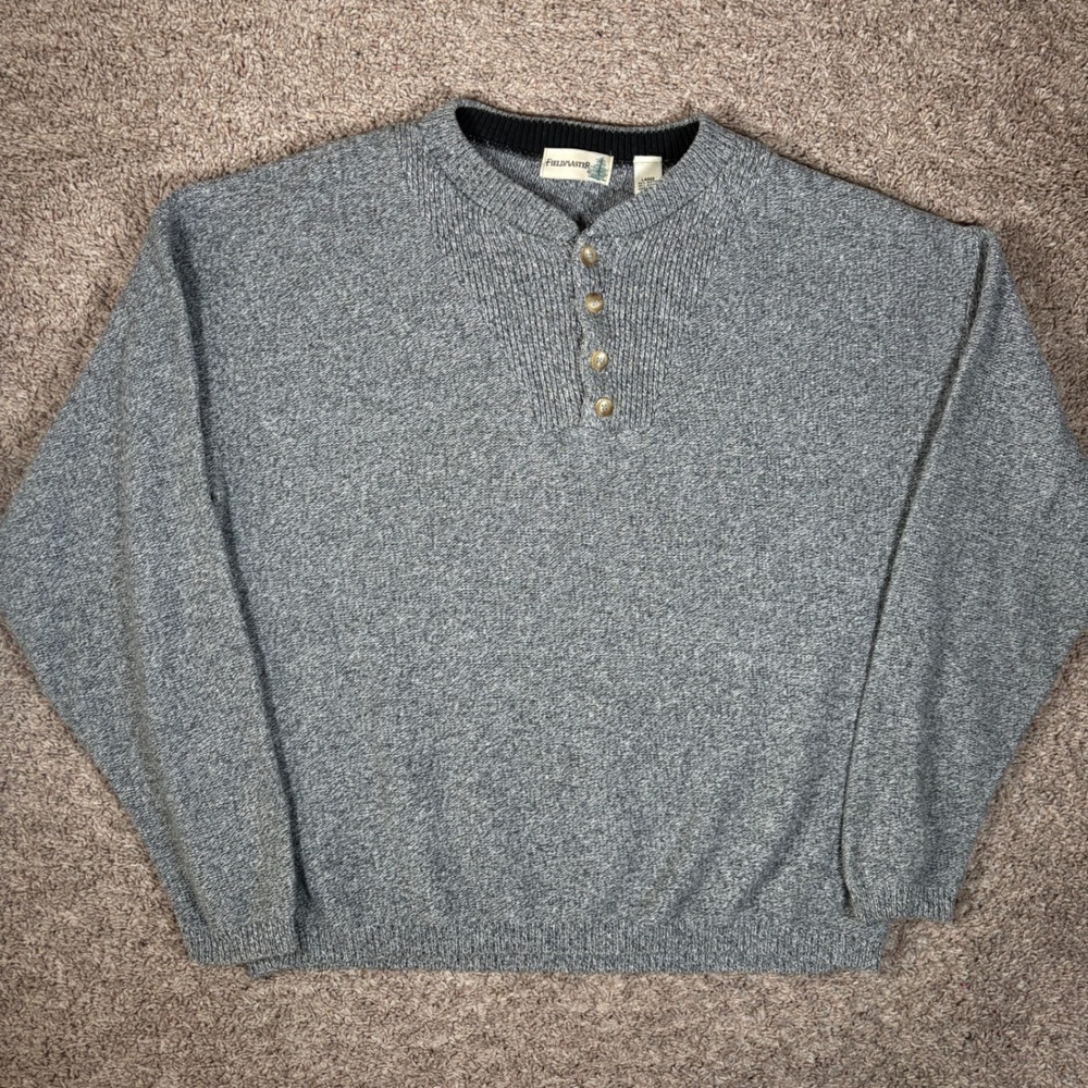 Fieldmaster Vintage Mens Grey Marled‎ Henley Sweater Cotton Blend USA Large